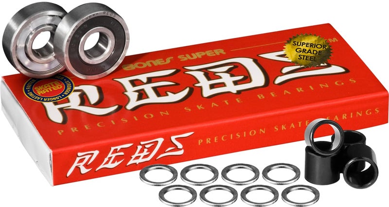 Super Reds Skateboard Bearings 8 pk w/Spacers & Washers Bundle